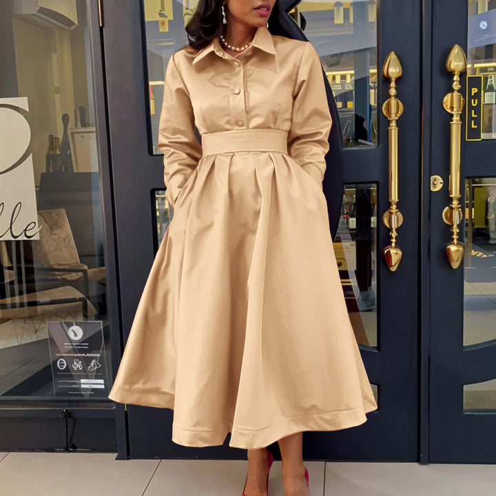 Solid Colour Lapel Long Sleeve A-line Dresses