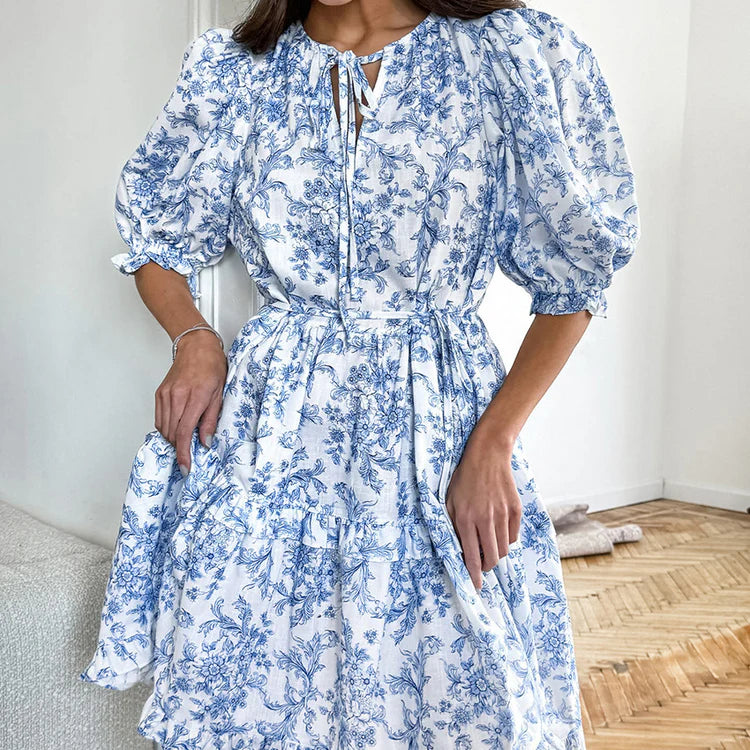 Flower Print Tie Up Puff Sleeve Mini Dresses