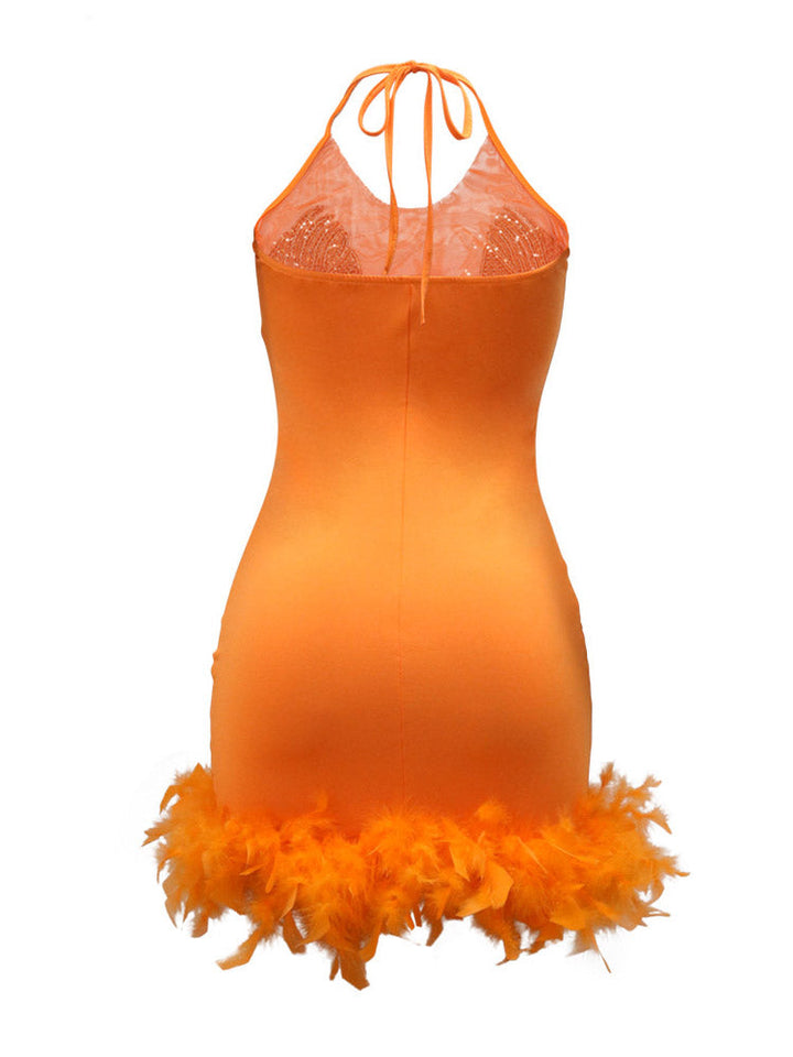 Sequin Feather Halter Dress