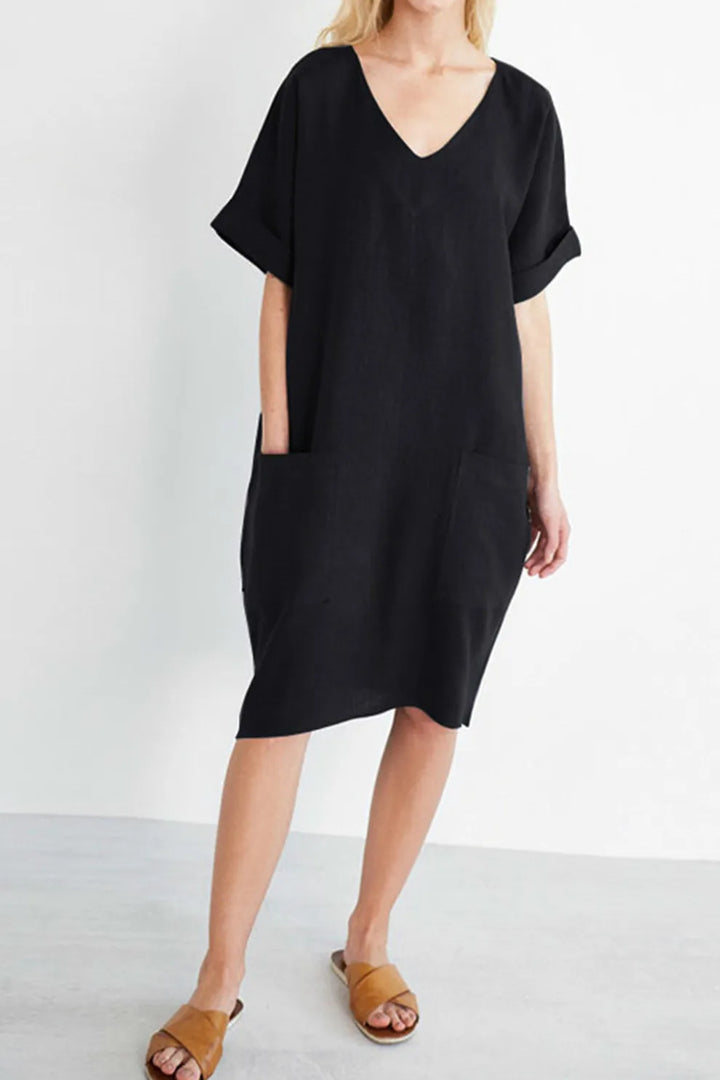 V-Neck Short Sleeve Pocketed Cotton Dress