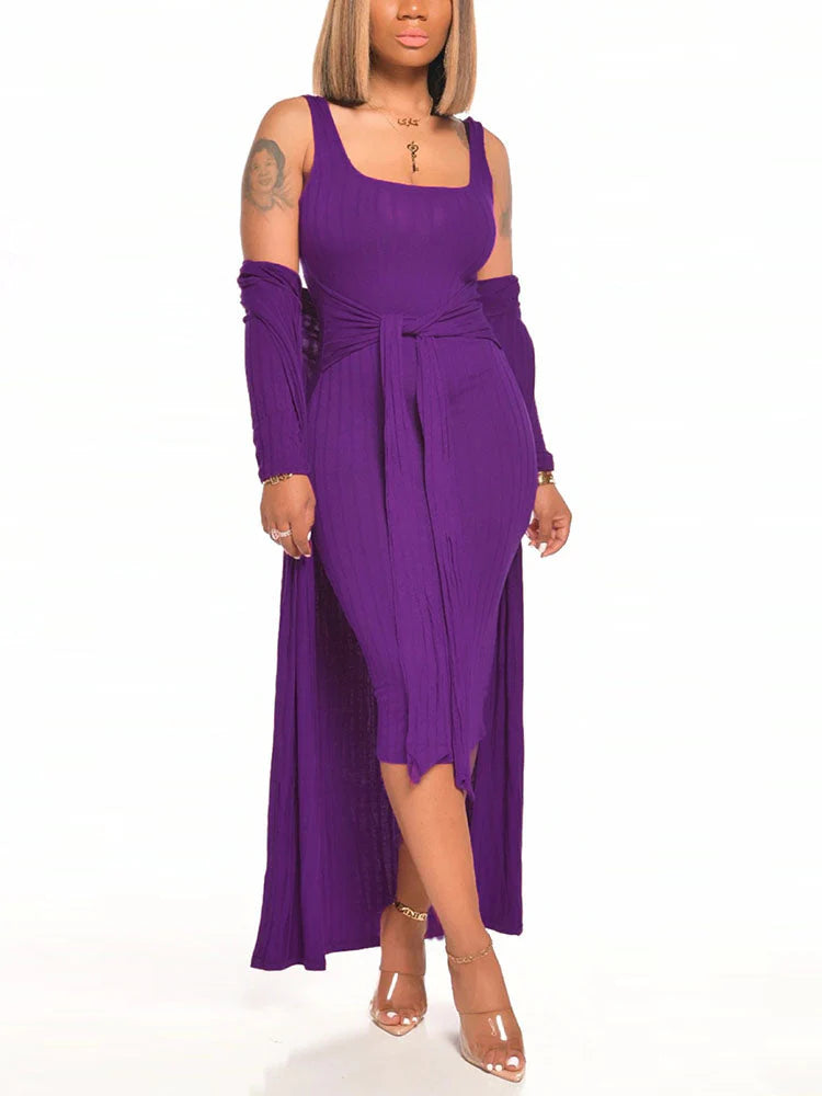 Ribbed Cardigan Tie Front Dress Set