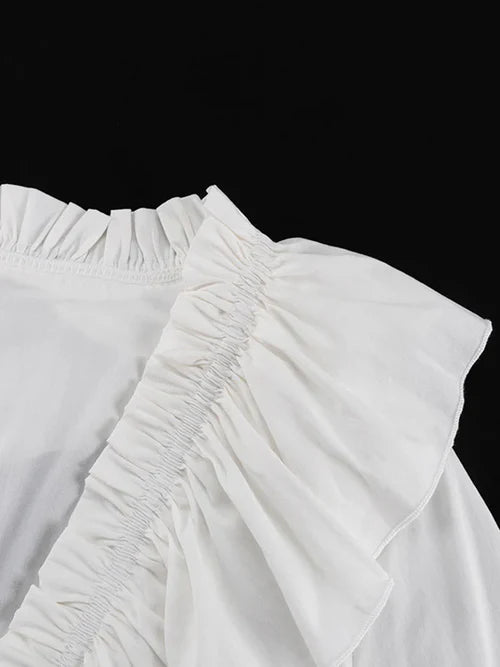V-Neck Drawstring Flared Sleeve Ruffle White Dresses