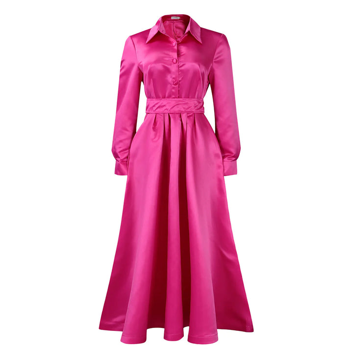 Solid Colour Lapel Long Sleeve A-line Dresses