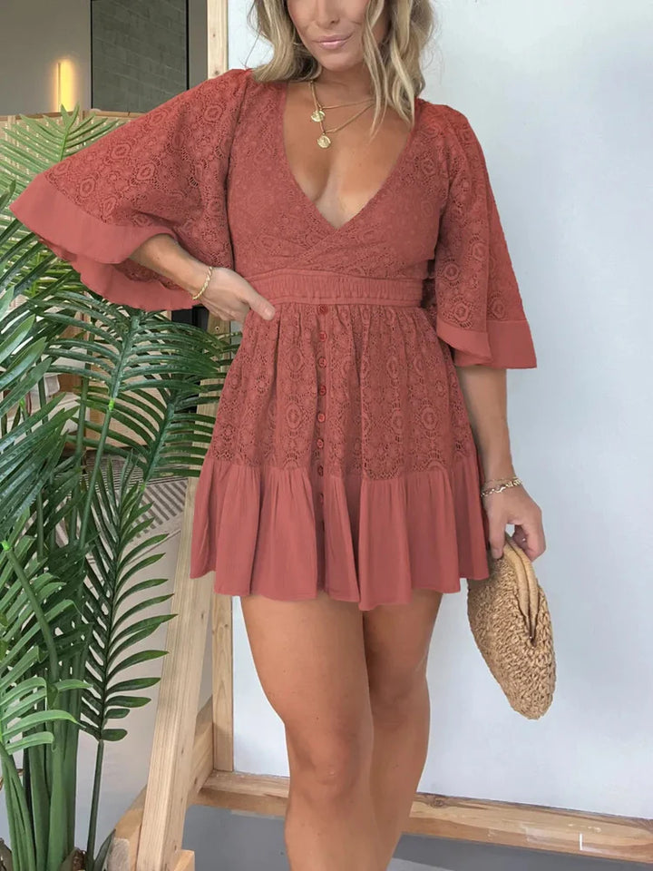 V Neck Lace Patchwork Bat Sleeve Mini Dresses