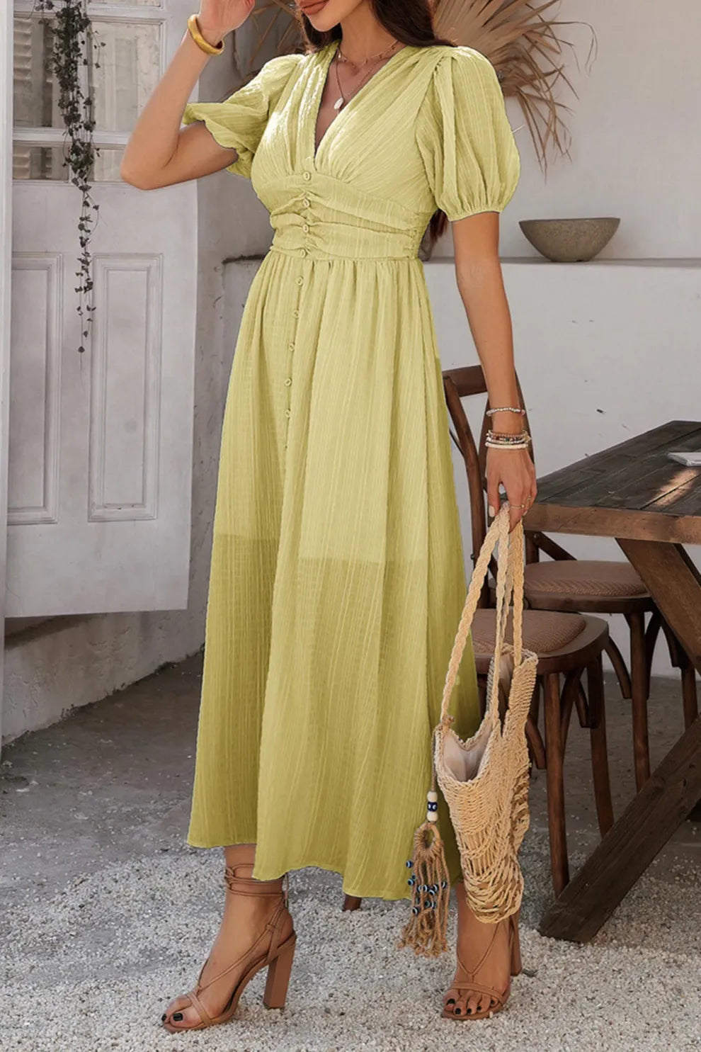 Puff Sleeve Single Breasted Slit Dress