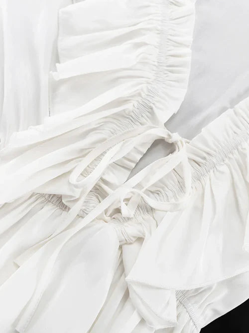 V-Neck Drawstring Flared Sleeve Ruffle White Dresses