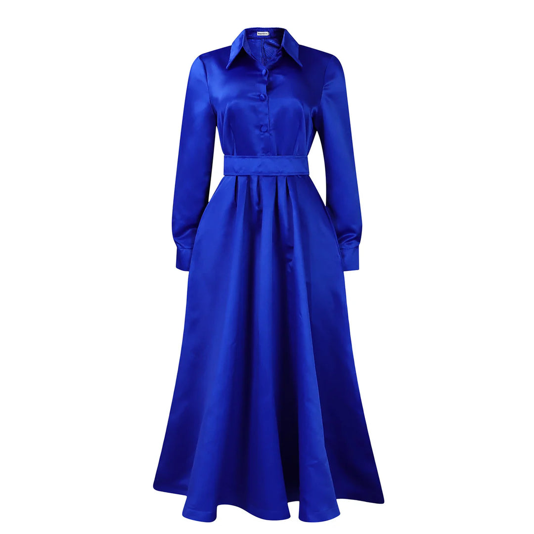 Solid Colour Lapel Long Sleeve line Dress