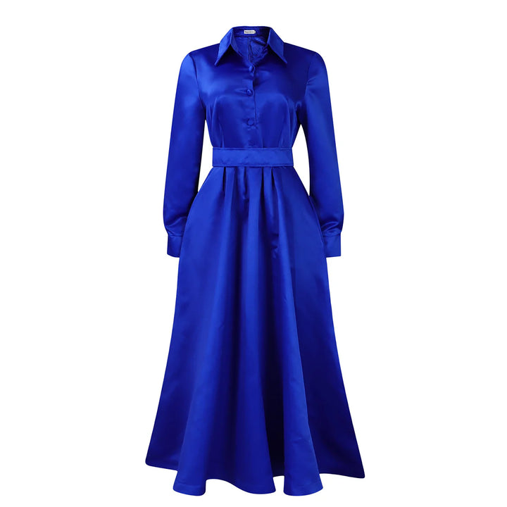 Solid Colour Lapel Long Sleeve A-line Dresses