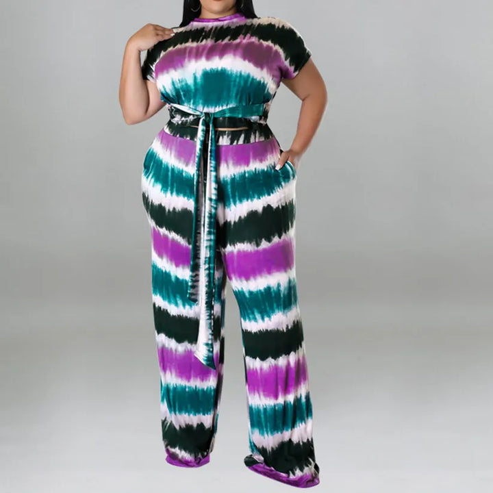 Plus Size Printed Belted Top Wide Leg Pants