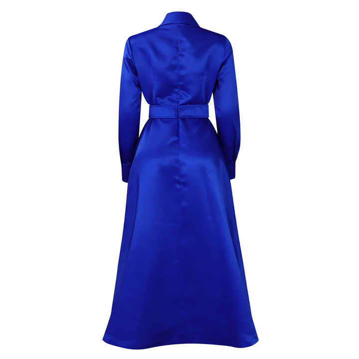Solid Colour Lapel Long Sleeve A-line Dresses
