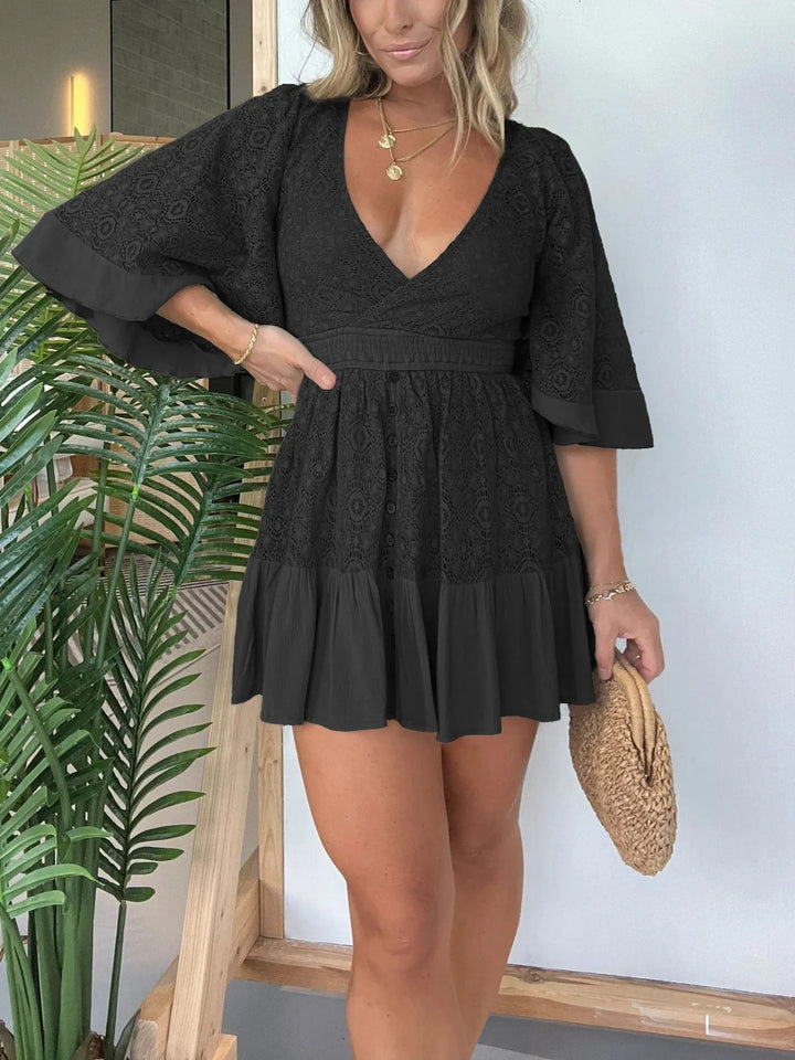 V Neck Lace Patchwork Bat Sleeve Mini Dresses