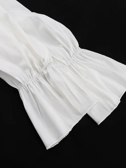 V-Neck Drawstring Flared Sleeve Ruffle White Dresses
