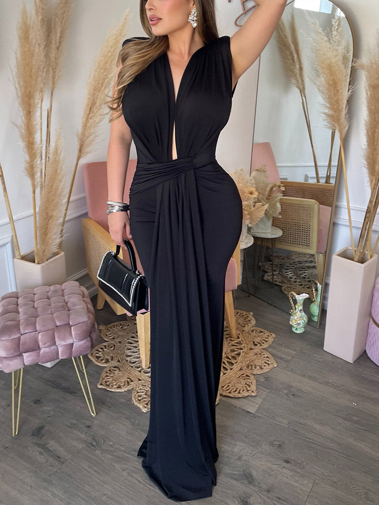 Elegant Plunge Draped Maxi Dress