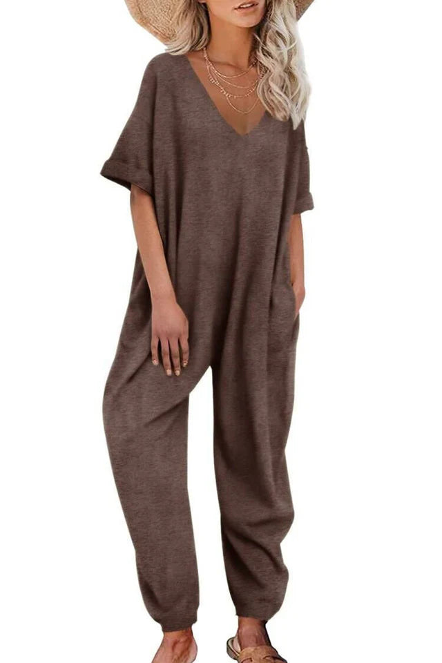 Cotton Solid V Neck Loose Jumpsuits