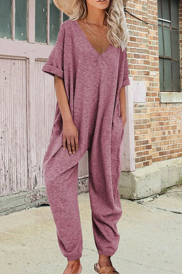 Cotton Solid V Neck Loose Jumpsuits