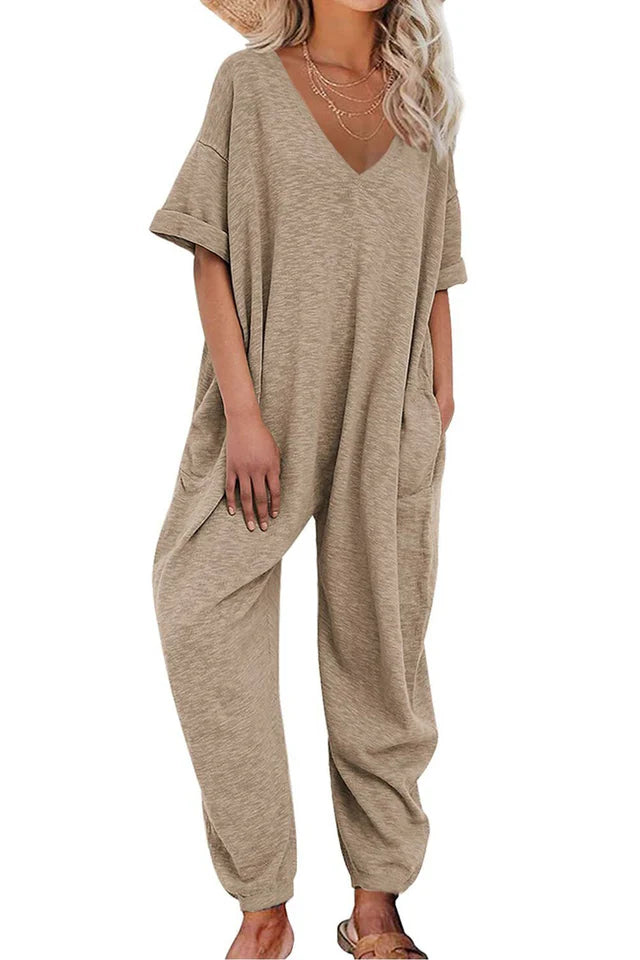 Cotton Solid V Neck Loose Jumpsuits