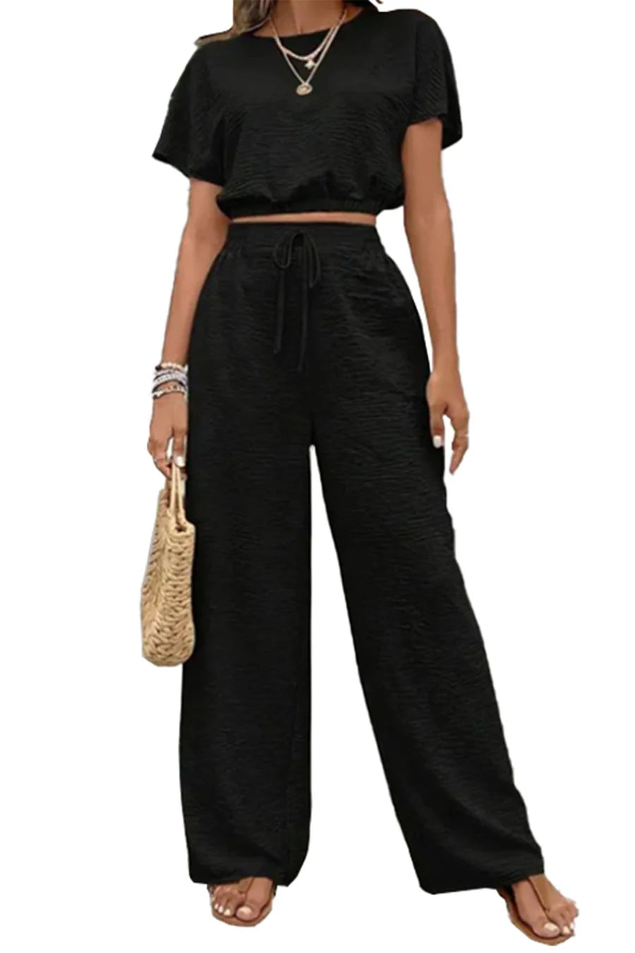 Batwing Sleeve Drawstring Straight Long Pants Set