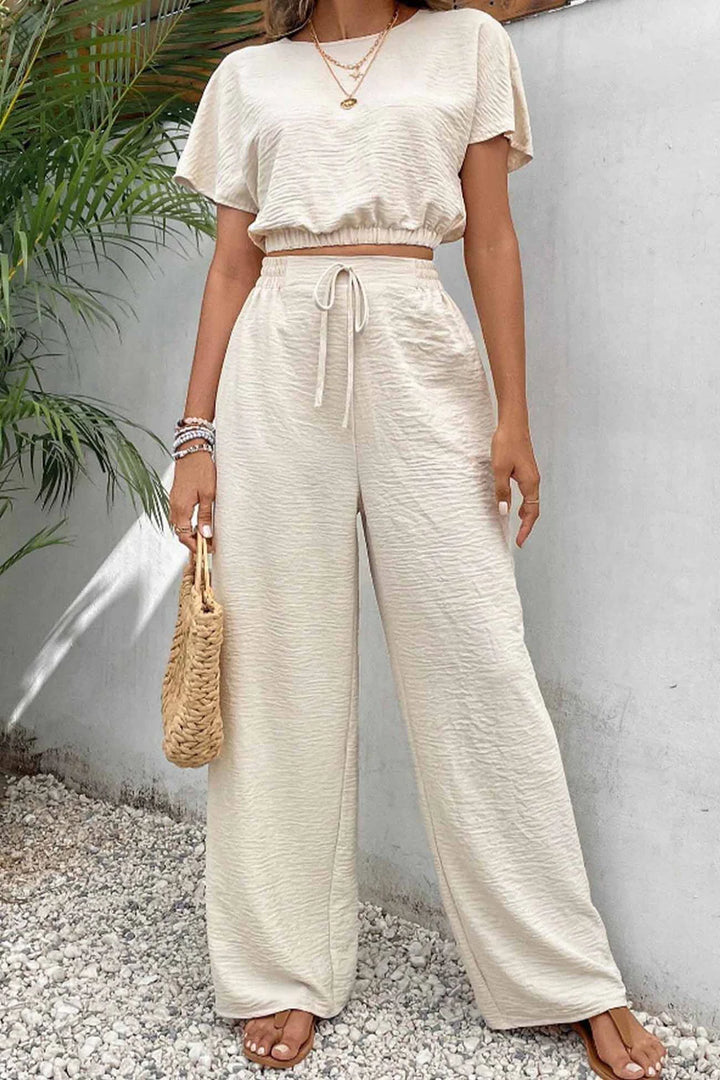 Batwing Sleeve Drawstring Straight Long Pants Set
