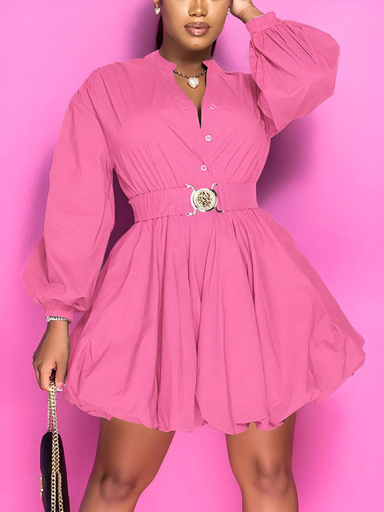 Belted Puffy Sleeve Dress