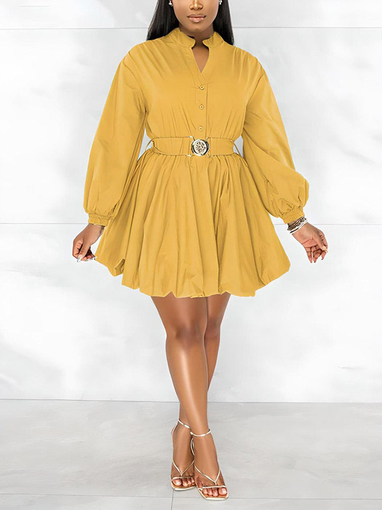 Belted Puffy Sleeve Dress