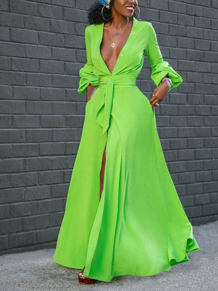 Button Down Slit V Neck Maxi Dress