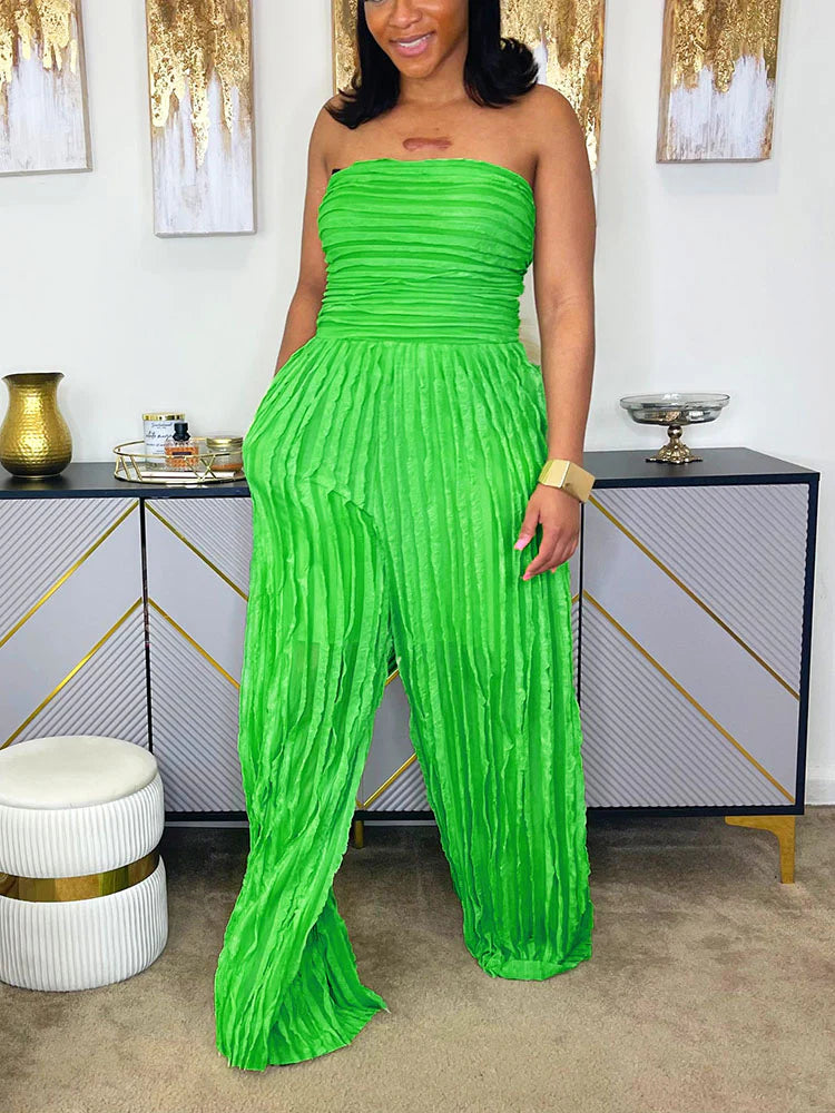 Pleated Strapless Wide Jumpsuit