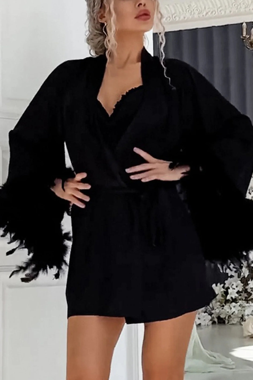 Feather Cuff Cardigan Cami Dress Loungewear Suits