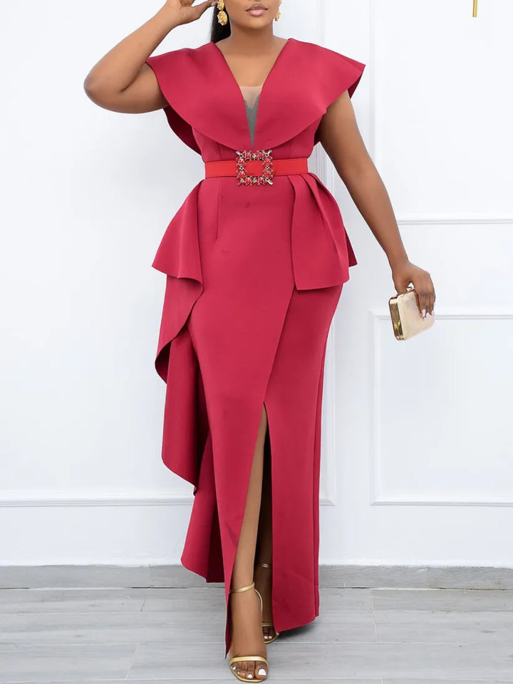 Plus Size Irregular Hem Ruffle Dress with Belt