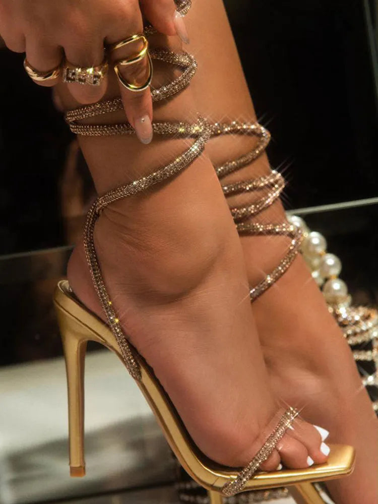 Sparkling Rhinestone Ankle Strap High Heel Sandal