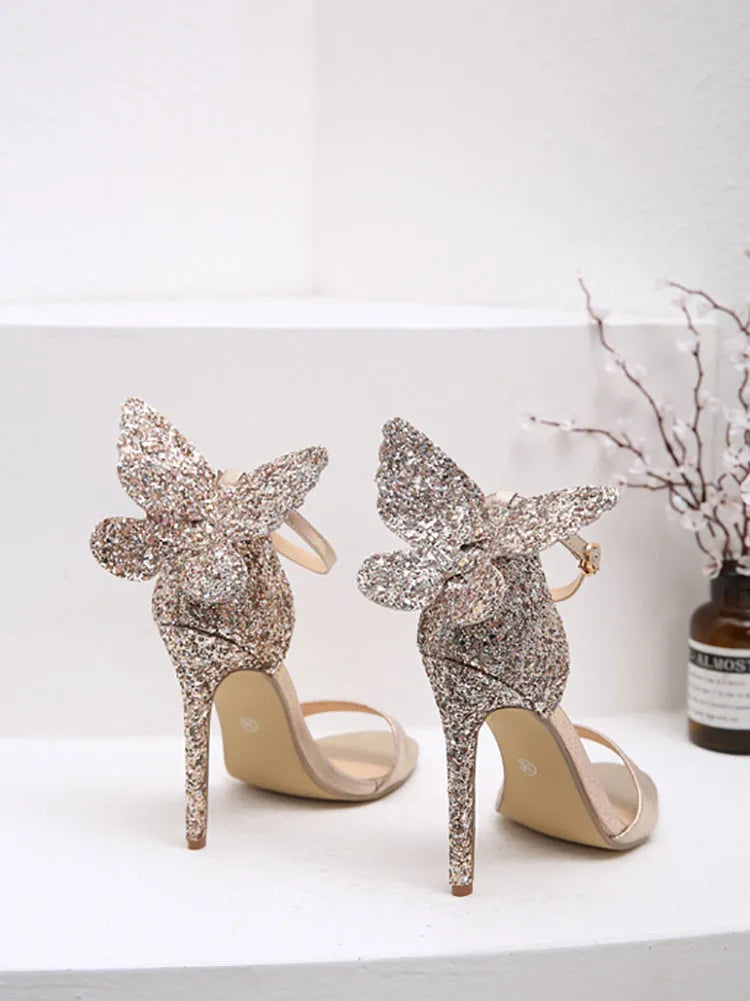 3D Butterfly Bow Ankle Strap Heeled Sandal