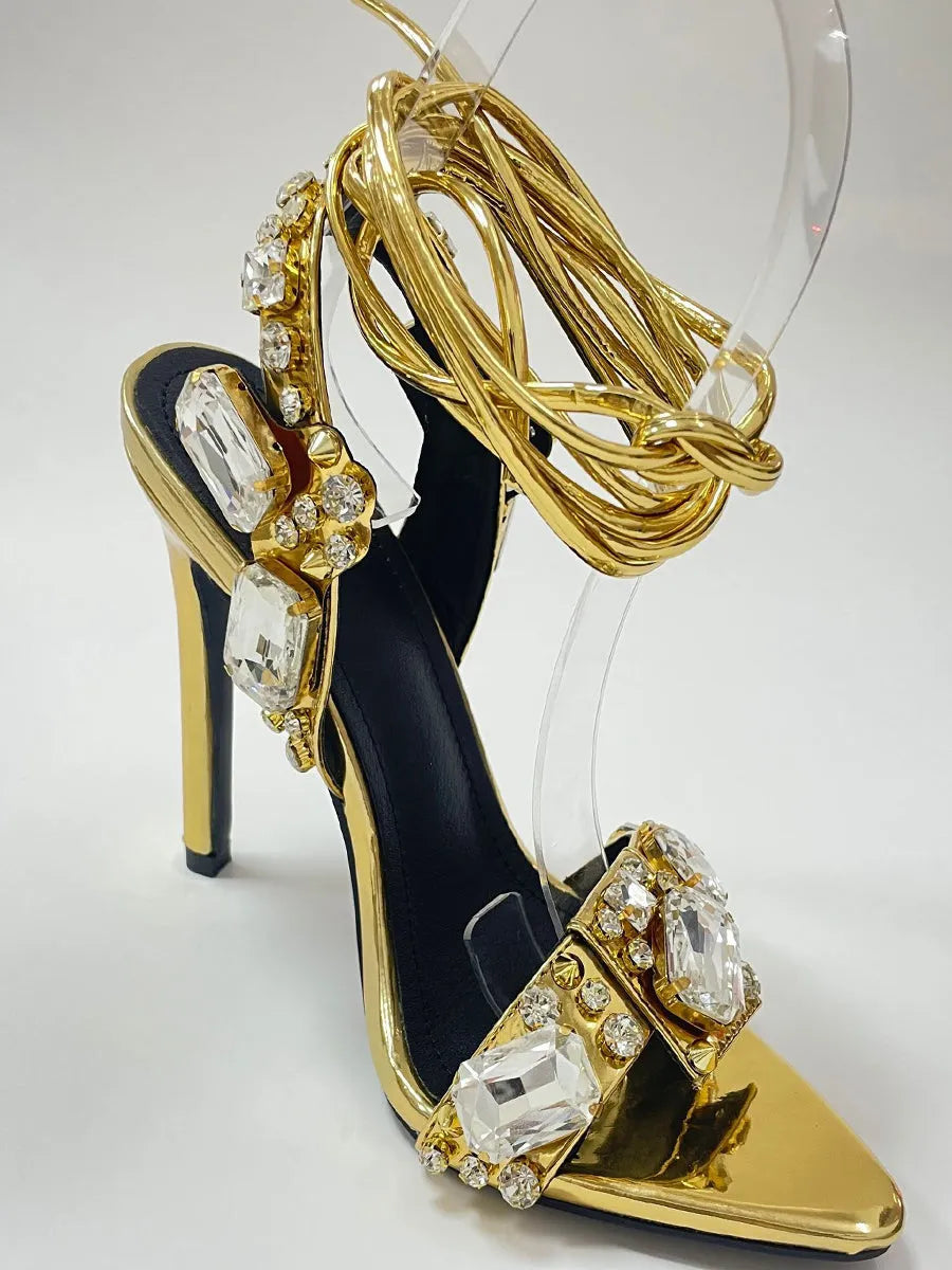 Crisscross Rhinestone Strap High Heel Sandal