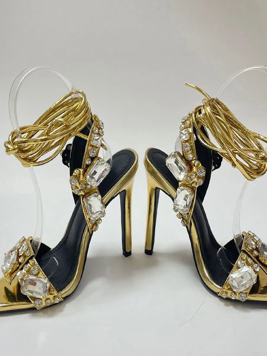 Crisscross Rhinestone Strap High Heel Sandal