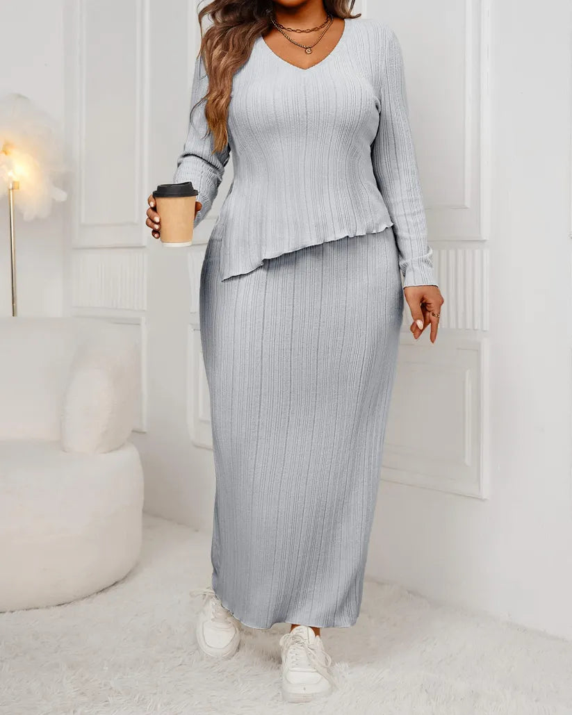 Plus Size Two Piece Asymmetrial Ribbed Tops Skirts