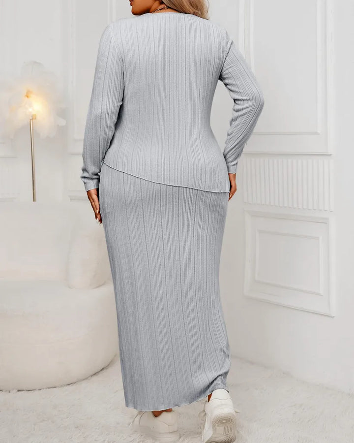 Plus Size Two Piece Asymmetrial Ribbed Tops Skirts