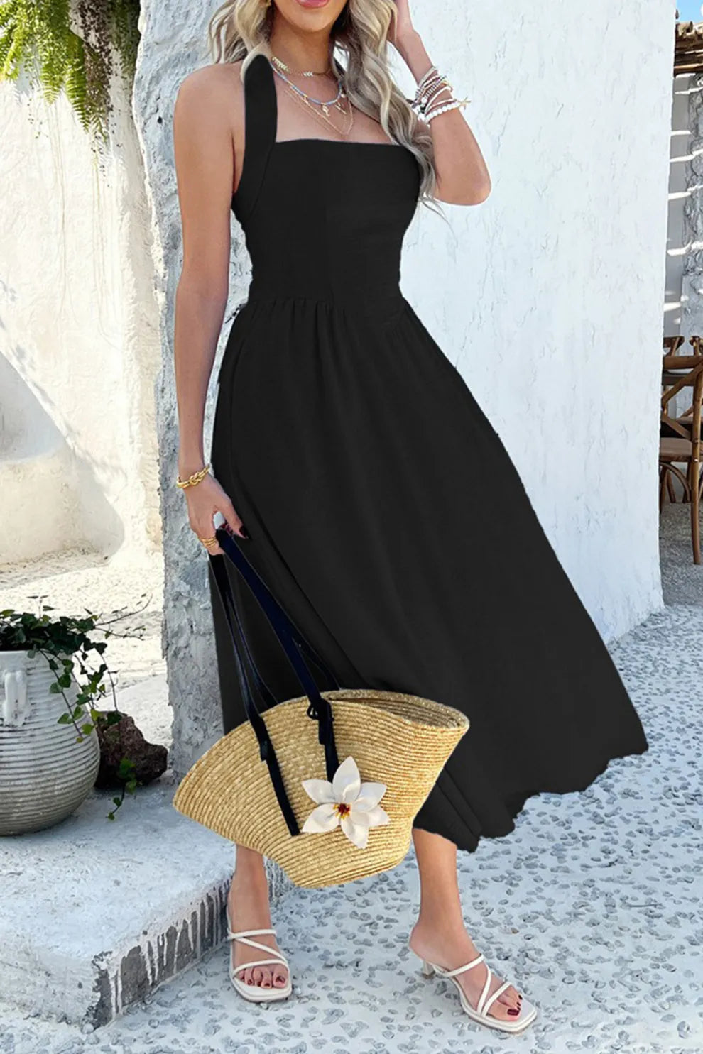 Halter Square Neck High Waist Midi Dress