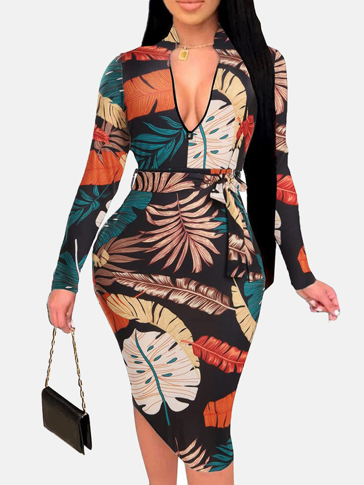 Zipper Print Pencil Midi Dress