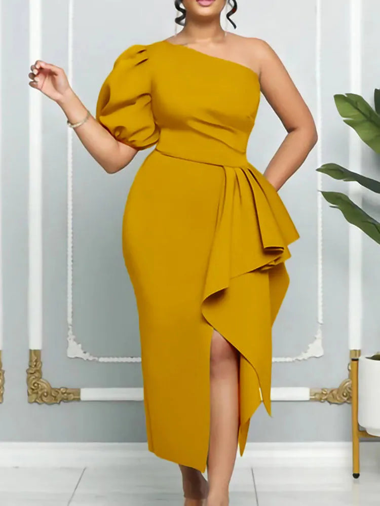 One Shoulder Puff Sleeve Ruffle Slit Dress