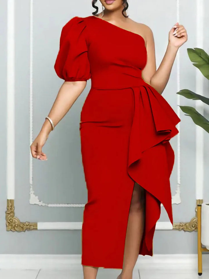 One Shoulder Puff Sleeve Ruffle Slit Dress