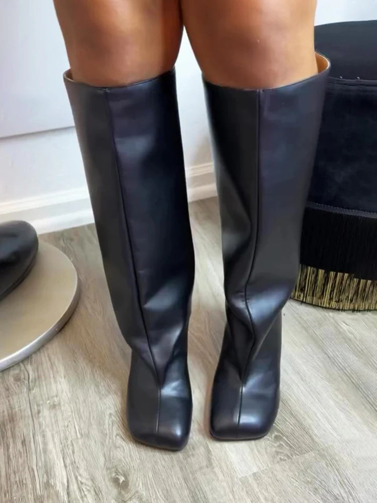 Suede Wide Calf Square Toe Boots