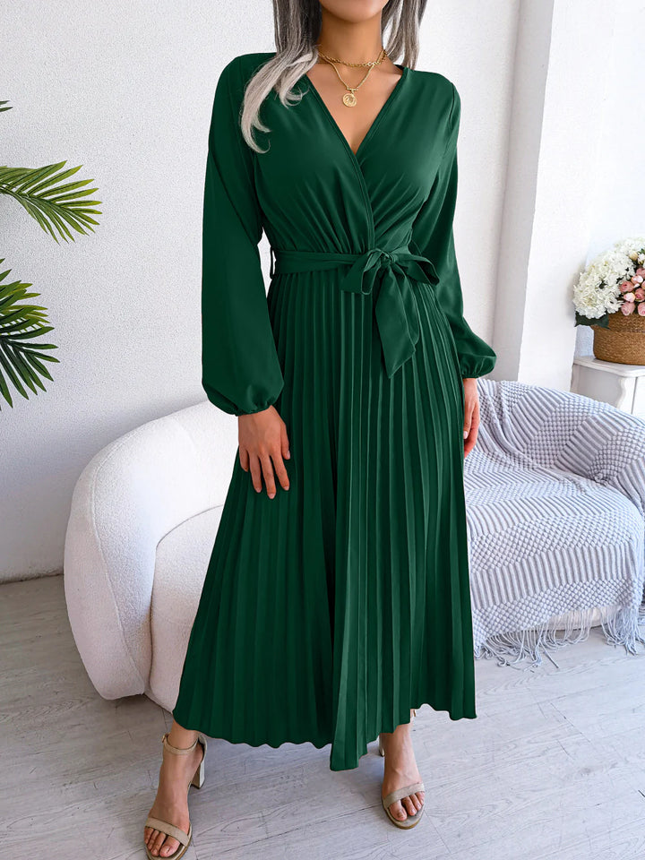 Temperament cross V-neck big swing pleated long Dresses