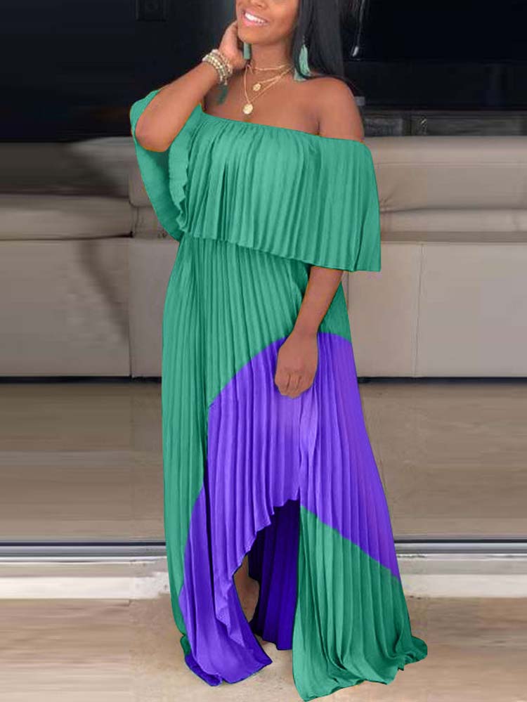 Off Shoulder Ombre Pleated Maxi Dress