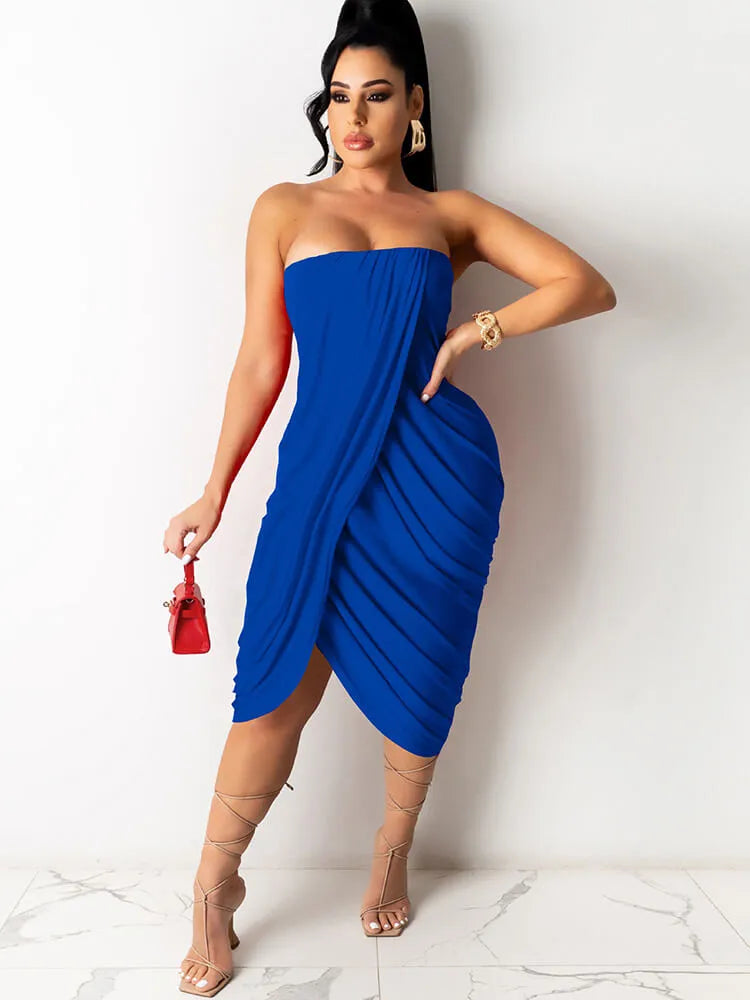 Asymmetrical Ruched Sleeveless Strapless Midi Dress