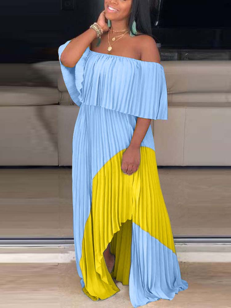 Off Shoulder Ombre Pleated Maxi Dress