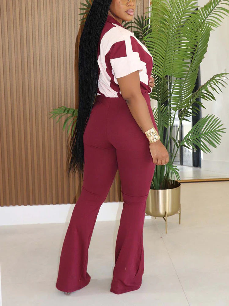Contrast Zip-Front Flared Jumpsuit