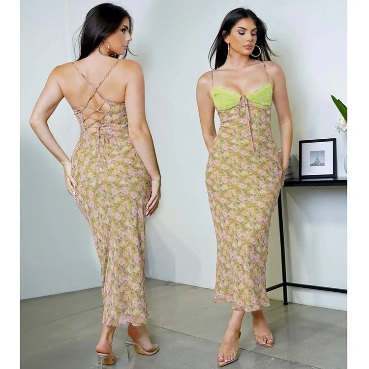 Chic Lace Paneled Floral Print Back Tie Camisole Dress