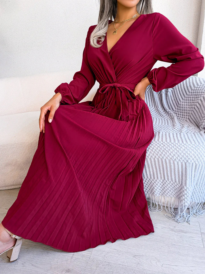 Temperament cross V-neck big swing pleated long Dresses
