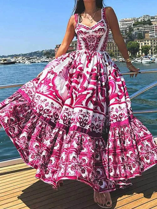 Bohemian Style Elegant Light Luxury Mid-Length Printed Halter Dresses