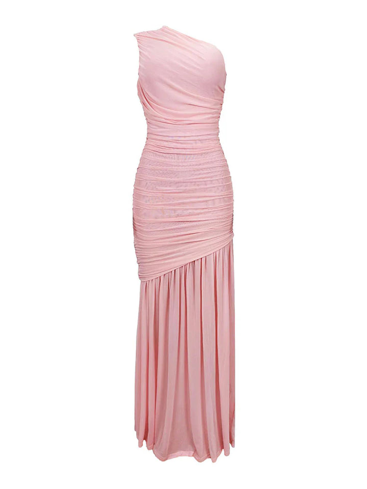 One Shoulder Mesh Ruched Dress