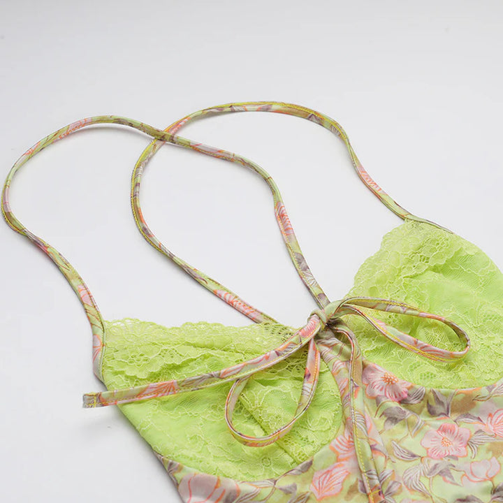 Chic Lace Paneled Floral Print Back Tie Camisole Dress