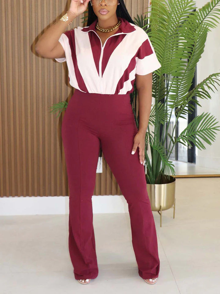 Contrast Zip-Front Flared Jumpsuit